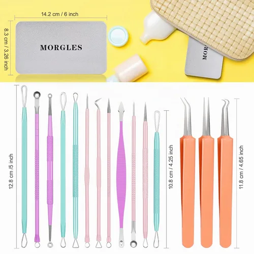 Vista 7 de MORGLES Herramientas para eliminar puntos negros, 15 piezas, kit de herramientas para reventar espinillas, extractor de espinillas de comedón