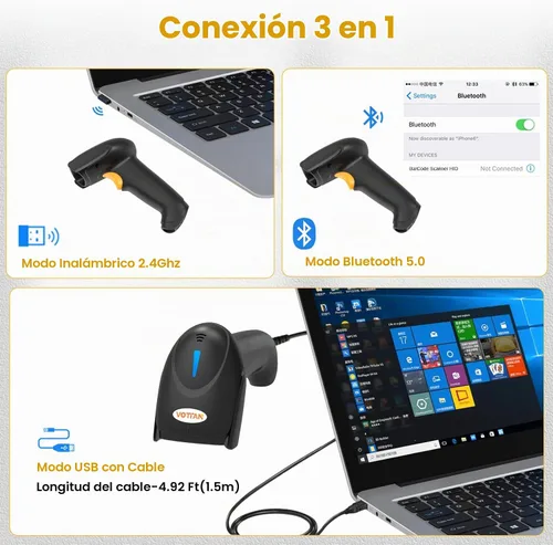 Vista 2 de VOTTAN Escáner de código de barras QR 2D, Bluetooth y 2.4G inalámbrico y USB con cable para conectar iPad teléfono, tableta, PC, POS, UPC EAN 1D