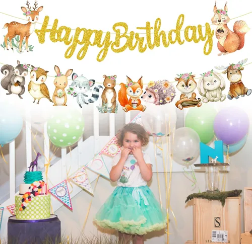 Vista 9 de Cartel de feliz cumpleaños de animales del bosque, decoraciones de criaturas del bosque, 2 piezas de pancartas recortadas de animales del bosque