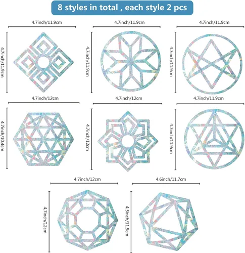 Vista 2 de GORGECRAFT 16 calcomanías de alerta de cristal de arco iris de geometría sagrada para ventanas, diseño de flores de la vida, anticolisión