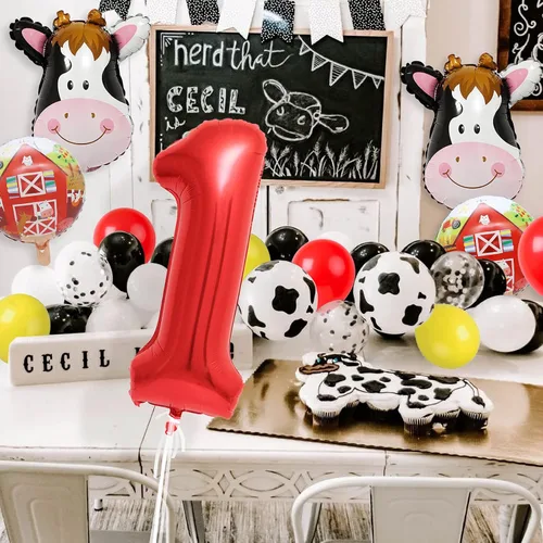 Vista 4 de Globos de vaca para decoración de fiesta de cumpleaños de animales de granja, suministros de globos de granero con globo grande número 1