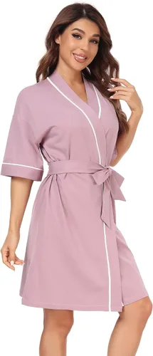 Vista 72 de COLORFULLEAF Bata de baño de manga corta para mujer, 100% algodón, longitud hasta la rodilla, con bolsillos