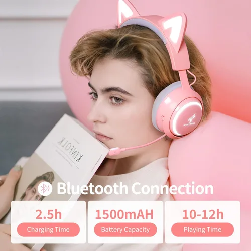 Vista 2 de EASARS Auriculares inalámbricos con orejas de gato auriculares Bluetooth para smartphone micrófono retráctil controladores de 1969in iluminación RGB
