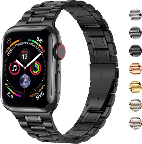 Vista 6 de MioHHR - Correas sólidas de acero inoxidable compatibles con Apple Watch de 38 mm, 40 mm, 41 mm, correa de metal con estuche suave de TPU para Negro
