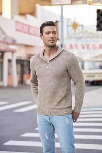 Vista 3 de COOFANDY Suéter de moda con cuello Shwal para hombre, suéter de punto trenzado ajustado con botón