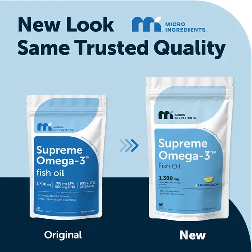 Vista 2 de Micro Ingredients Supreme Omega-3 Aceite de pescado con EPA y DHA ultra altos, cápsulas blandas sin eructos rTG Omega-3 con vitamina D3 Pescado