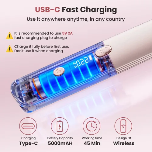 Vista 4 de CHIKYO Plancha de pelo inalámbrica 2 en 1, rizador portátil sobre la marcha, banco de energía portátil, 7 temperaturas, pantalla LED, mini plancha