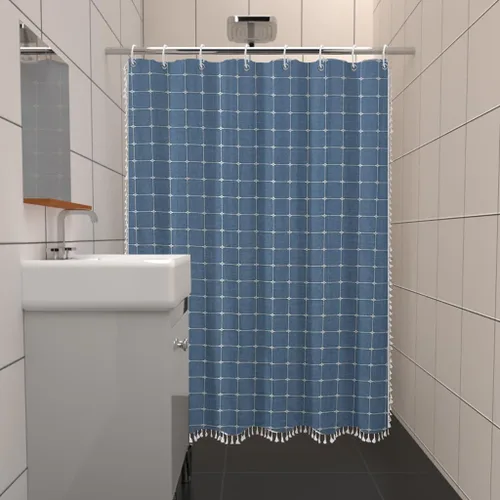 Vista 2 de Cortinas de ducha azules a cuadros Cortinas de ducha de granja con diseño de patchwork a rayas Cortinas de ducha neutras para baño Cortinas de baño