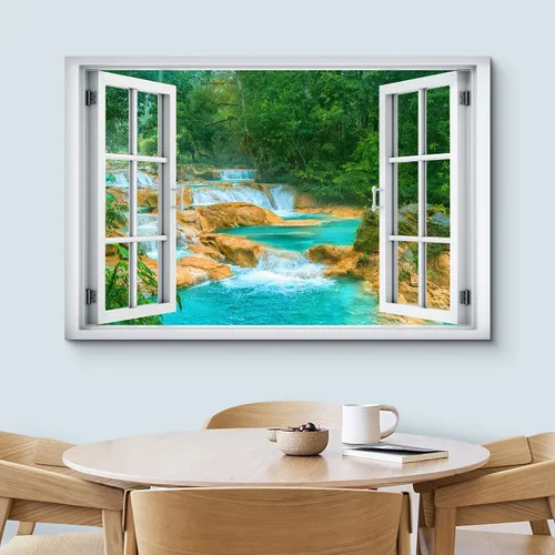 Vista 3 de wall26 - Cuadro en lienzo para pared, vista de ventana, río neón turquesa, rápido, bosque, lago, arroyo, naturaleza salvaje, fotografía, realismo