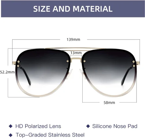 Vista 3 de Premium Rimless Oversized Aviator Sunglasses for Women, Polarized PC Lens UV Protection Womens Shade VF2203