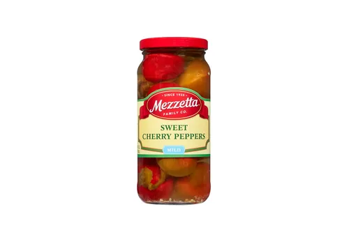 Vista 2 de Mezzetta Pimientos Dulces de Cereza - Rojo & Verde - Jugosos y Ligeramente Picantes - Perfectos para Rellenar con Queso o Prosciutto - En Frasco