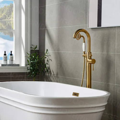 Vista 4 de WOODBRIDGE Grifo de llenado de bañera independiente contemporáneo de una sola manija con ducha de mano en acabado dorado cepillado, F0007-BGVT