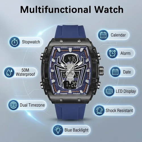 Vista 5 de SMAEL Watches for Men Unique Square Blue Wristwatch with Digital Analog Dual Time Display Countdown Stopwatch Punk Cool Design 5ATM Waterproof 8116
