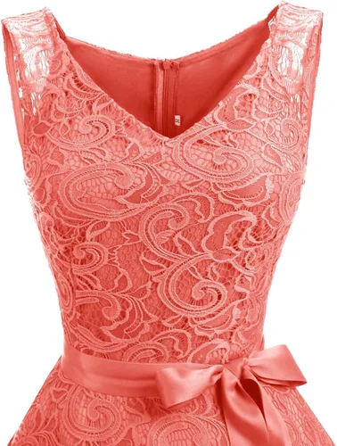 Vista 5 de Dressystar - Vestido de fiesta corto para mujer con encaje floral y cuello en V, ideal para dama de honor y baile de graduación