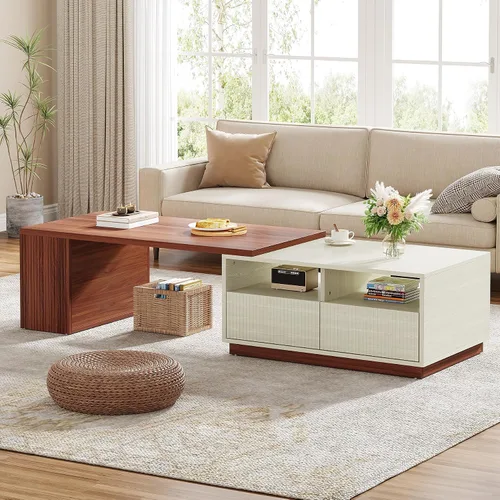 Vista 3 de Tribesigns Mesa auxiliar extensible con 2 cajones de almacenamiento, mesa reversible para sala de estar con estantes y parte superior ajustable