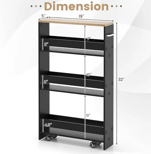 Vista 6 de COSTWAY Carrito de almacenamiento delgado y rodante, carrito utilitario rodante de 4 niveles, carrito de almacenamiento de cocina de madera con asa