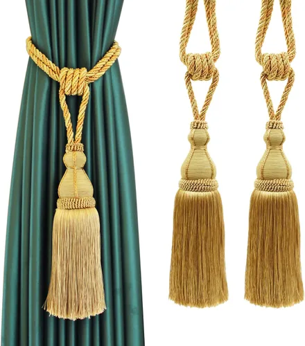 Vista 14 de BEL AVENIR Paquete de 2 alzapaños de cortina con borlas, grandes hechos a mano, cuerda para el hogar, oficina, hotel, elegante decorativo (beige)