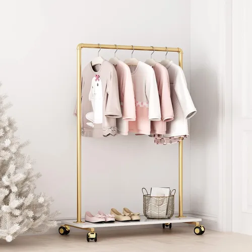 Vista 7 de Perchero de metal dorado con estante de madera, perchero resistente con ruedas para dormitorio, uso en boutiques minoristas (37.4 pulgadas de largo)