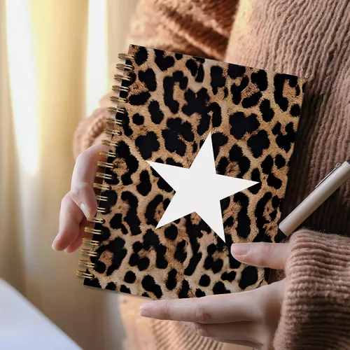 Vista 4 de Cuaderno en espiral con estampado de estrellas de leopardo y guepardo, cuaderno de tapa dura con estampado de guepardo estético funky