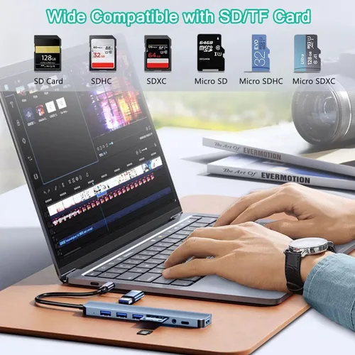 Vista 4 de Hub USB C Hub USB 3.0, extensor USB 8 en 1 de aluminio VIENON con lector de tarjetas SD/TF, conector auxiliar de auriculares de 3.5mm para MacBook