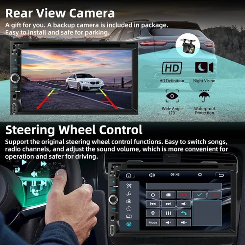 Vista 6 de Estéreo de coche doble DIN con reproductor de CD/DVD, pantalla táctil de 7 pulgadas, Bluetooth 5.2, CarPlay/Android Auto, cámara de respaldo