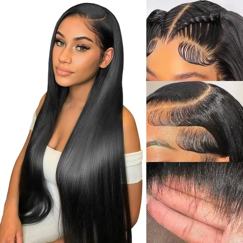 Vista 10 de Pelucas de cabello humano lacio prearrancado de 13 x 6 pulgadas, pelucas de cabello humano de densidad 200 HD transparente con encaje frontal