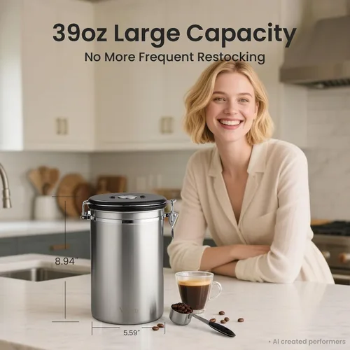 Vista 11 de Veken - Recipiente hermético para café de acero inoxidable, contenedor de almacenamiento de alimentos para la cocina con registro de fecha y cuchara