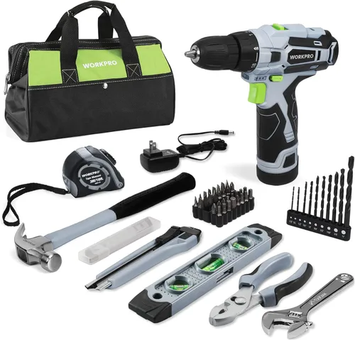 Vista 9 de WORKPRO Taladro inalámbrico rosa de 12 V y kit de herramientas para el hogar, juego de herramientas manuales para bricolaje, mantenimiento