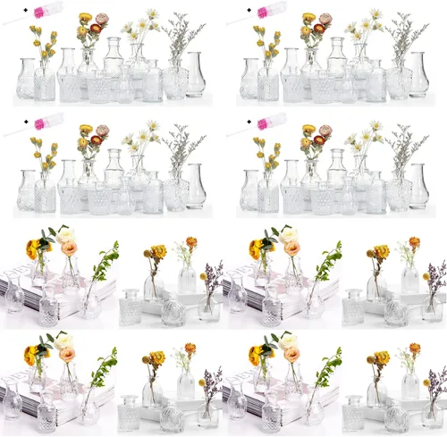 Vista 8 de Juego de 24 jarrones de vidrio a granel con 2 pinceles, jarrones de vidrio para centros de mesa, decoración vintage de boda transparente a granel
