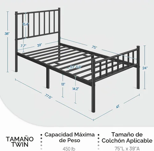 Vista 2 de Yaheetech Marco de cama de plataforma de metal de tamaño individual