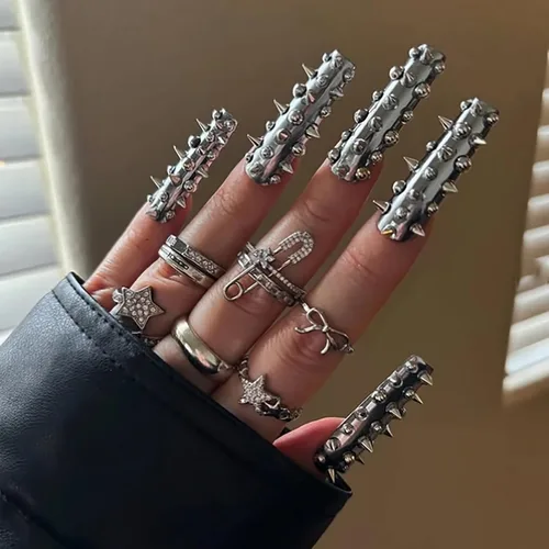 Vista 16 de MISUD Uñas a presión – Uñas cuadradas largas con pegamento rosa y negro, acrílico Y2K diseño de dijes de 24 piezas