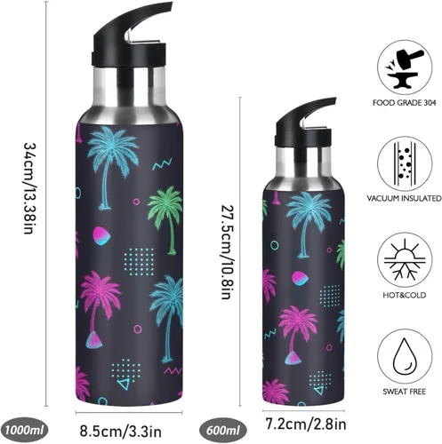 Vista 2 de Tropical Palm Trees - Botella de agua de acero inoxidable con aislamiento de neón con pajilla, 32 onzas, sin BPA, botella de agua deportiva a prueba