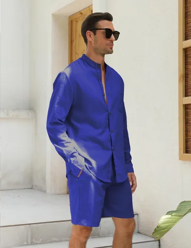 Vista 3 de RPOVIG Conjuntos de lino para hombre, conjuntos de verano de 2 piezas, ropa de vacaciones en la playa, camisas casuales de manga larga, pantalones