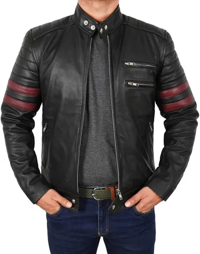 Vista 2 de Chaqueta de cuero de motociclista negra con rayas rojas para hombre