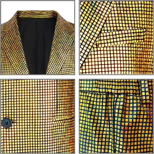 Vista 4 de Nawgut Conjunto de 2 piezas de blazer metálico con lentejuelas, traje brillante para boda, fiesta, banquete, chaqueta de moda, pantalón para hombre