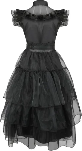Vista 4 de Wednesday Addams - Vestido de malla para disfraz de Merlina, Adams, vestido de baile familiar, cumpleaños, Halloween, cosplay, traje para niños