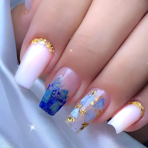 Vista 17 de Uñas postizas a presión de almendra, color rosa degradado medio, con bonito diseño de conejo y gato, uñas postizas de estrella plateada, uñas
