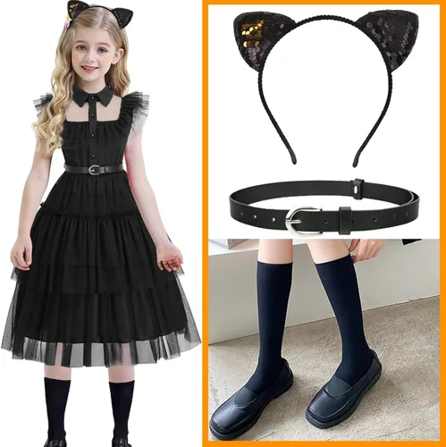 Vista 2 de juskid Wednesday Addams Disfraz Niñas Niños Vestido Halloween Disfraces Niñas Miércoles Regalos Merlina Negro Princesa Vestir