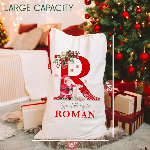 Vista 4 de Saco de Santa de Navidad inicial personalizado, bolsa de regalo de Navidad personalizada, bolsa de cordón con monograma