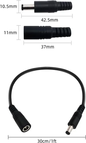 Vista 4 de Cable de extensión de alimentación CC de 1 pie, 5.5 mm x 2.1 mm, 18 AWG, macho a hembra, cable de extensión de 12 V para cámara de vigilancia CCTV