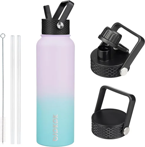 Vista 75 de BJPKPK Botellas de Agua Aisladas con Tapa de Pajita, Botella de Agua de Acero Inoxidable de 18oz, Termo Frío Caliente con 3 Tapas, Vaso de Viaje a
