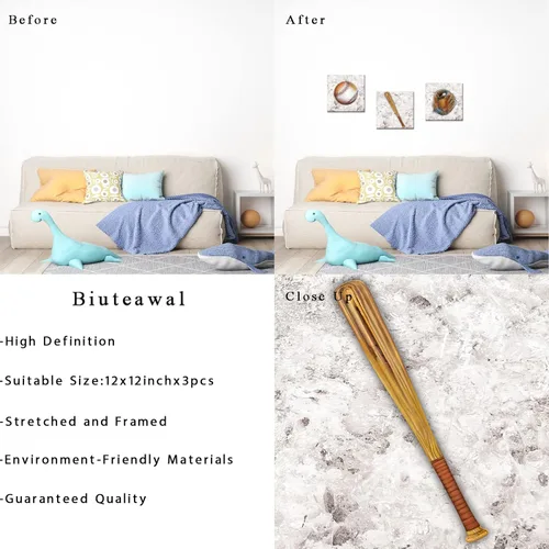 Vista 6 de Biuteawal 3 piezas de impresiones en lienzo de béisbol, arte de pared con temática deportiva, cuadros para decoración de dormitorio de niños, obras