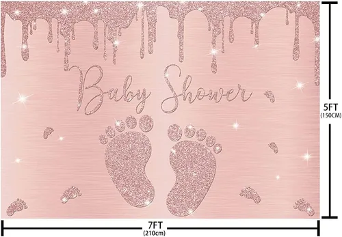 Vista 5 de Telón de fondo para baby shower de niña de oro rosa de 7 x 5 pies, con purpurina y pequeña huella, decoración de fiesta de princesa rosa, pancarta