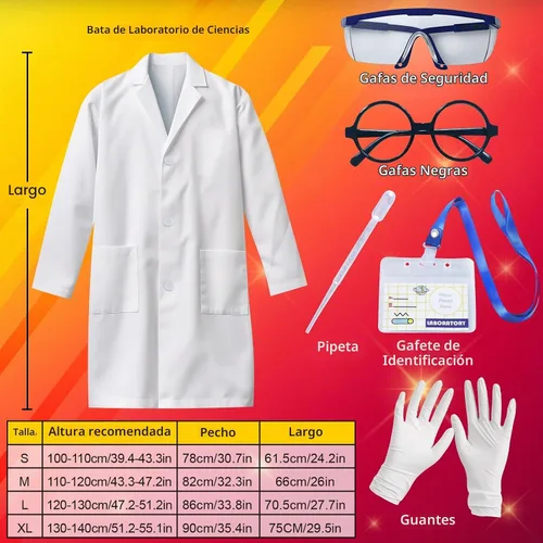 Vista 3 de UNGLINGA Abrigo de laboratorio para niños disfraz de científico juego de rol para niños y niñas, con gafas protectoras, gafas, tarjeta