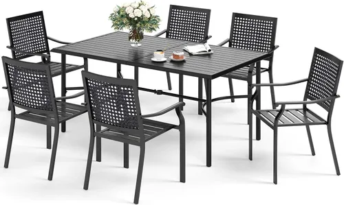 Vista 13 de SUNSHINE VALLEY Juego de 7 sillas de comedor para patio, material metálico, 6 sillas de comedor de color teca rectangular con agujero para sombrilla