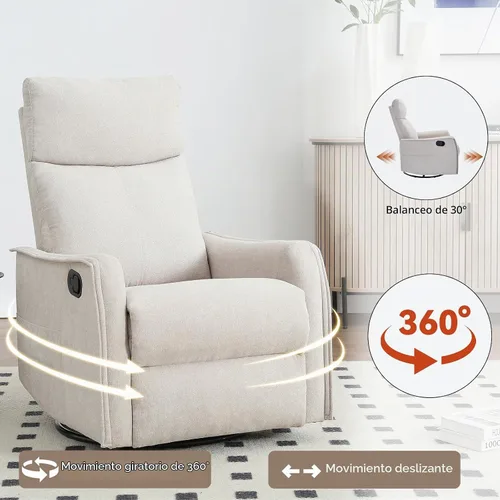 Vista 4 de Silla reclinable giratoria, sillón giratorio para sala de estar, silla reclinable deslizante con calor y masaje, color beige