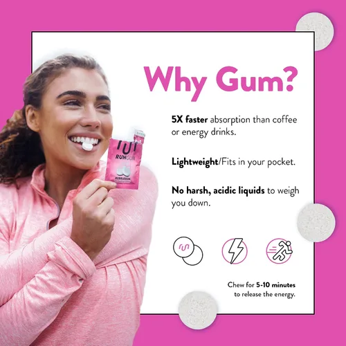 Vista 4 de RUN GUM Bubblegum Energy - Goma de mascar de 50 mg de cafeína, taurina y vitaminas B por pieza, 24 unidades (paquete de 12) sin azúcar, cero