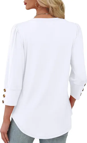 Vista 6 de XIEERDUO - Blusas de manga 3/4 para mujer, cuello en V, con botones, estilo A-blanco