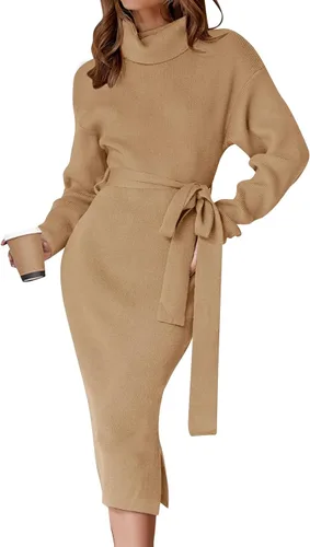 Vista 69 de ZESICA - Vestido por debajo de la rodilla de suéter, de cuello alto, para mujer, de manga larga, de punto acanalado, con abertura y cinturón