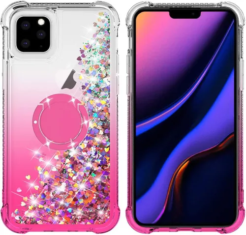 Vista 2 de Bling Moving Liquid Floating - Carcasa para iPhone 11 con soporte, color rosa Corazón brillante, TPU, cascada en movimiento, anillo de rotación
